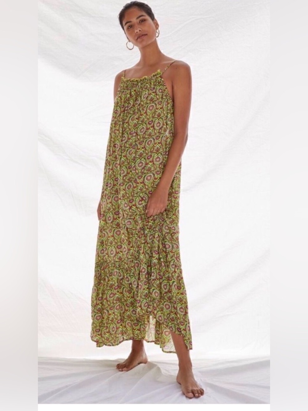 Anthropologie Green Paisley Tiered Maxi Dress